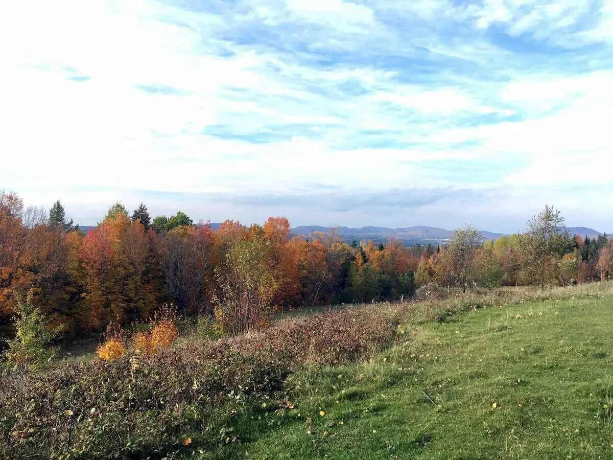 Rolling Vermont hills blanketed in vibrant autumn foliage stretch beneath an expansive sky, offering a sweeping, panoramic mountain view. The landscape invites exploration and is bathed in the golden light of sunset, emphasizing the grandeur and natural allure of the location.